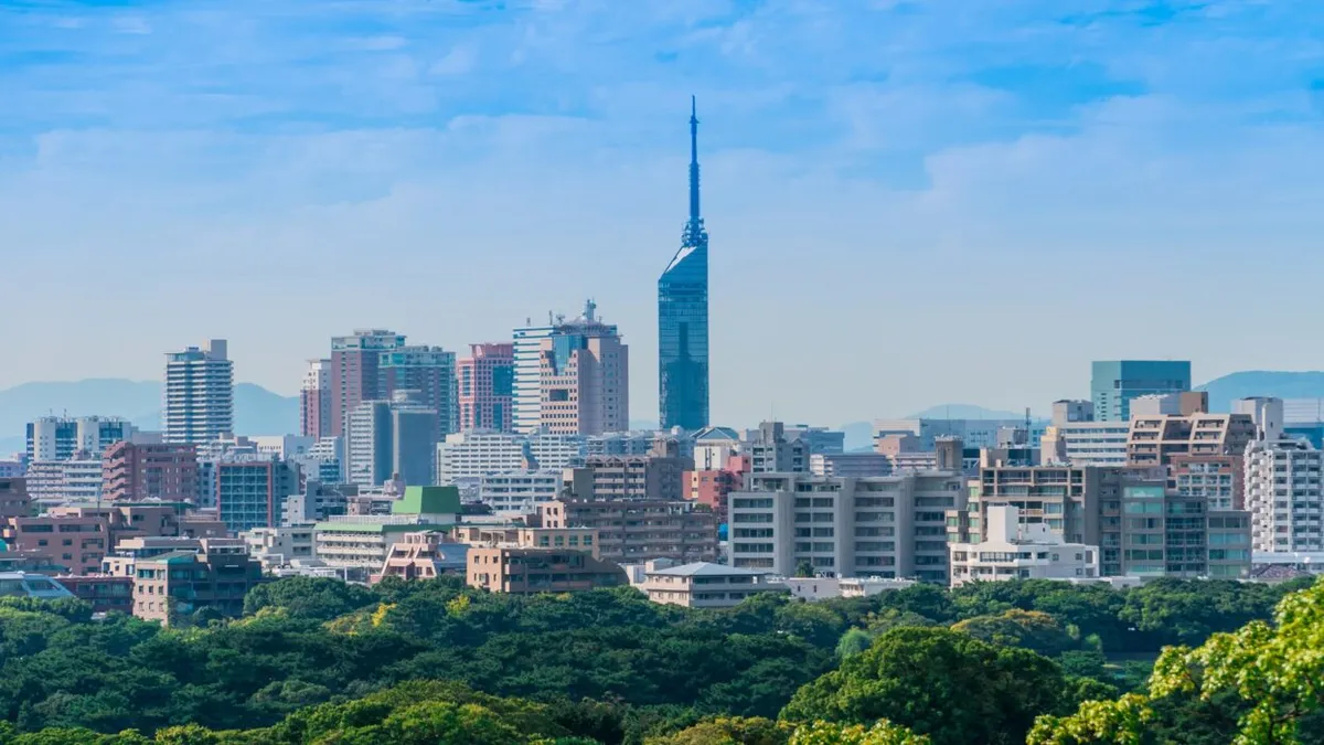 Fukuoka waterfront with the city skyline at dusk