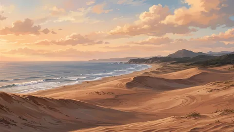 Anime-style illustration of the Tottori sand dunes with wind-rippled sand and a distant view of the sea in Tottori - AI generated by Gemini