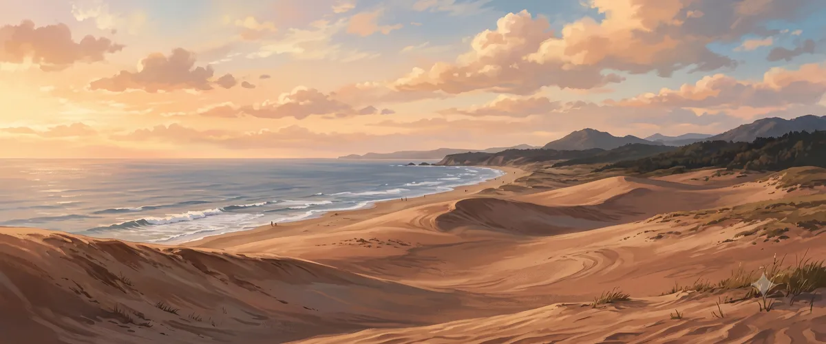 Anime-style illustration of the Tottori sand dunes with wind-rippled sand and a distant view of the sea in Tottori - AI generated by Gemini